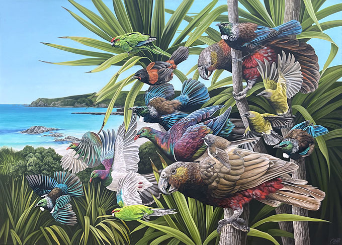 Craig Platt nz bird art, the welcoming Tawharanui, oil on canvas